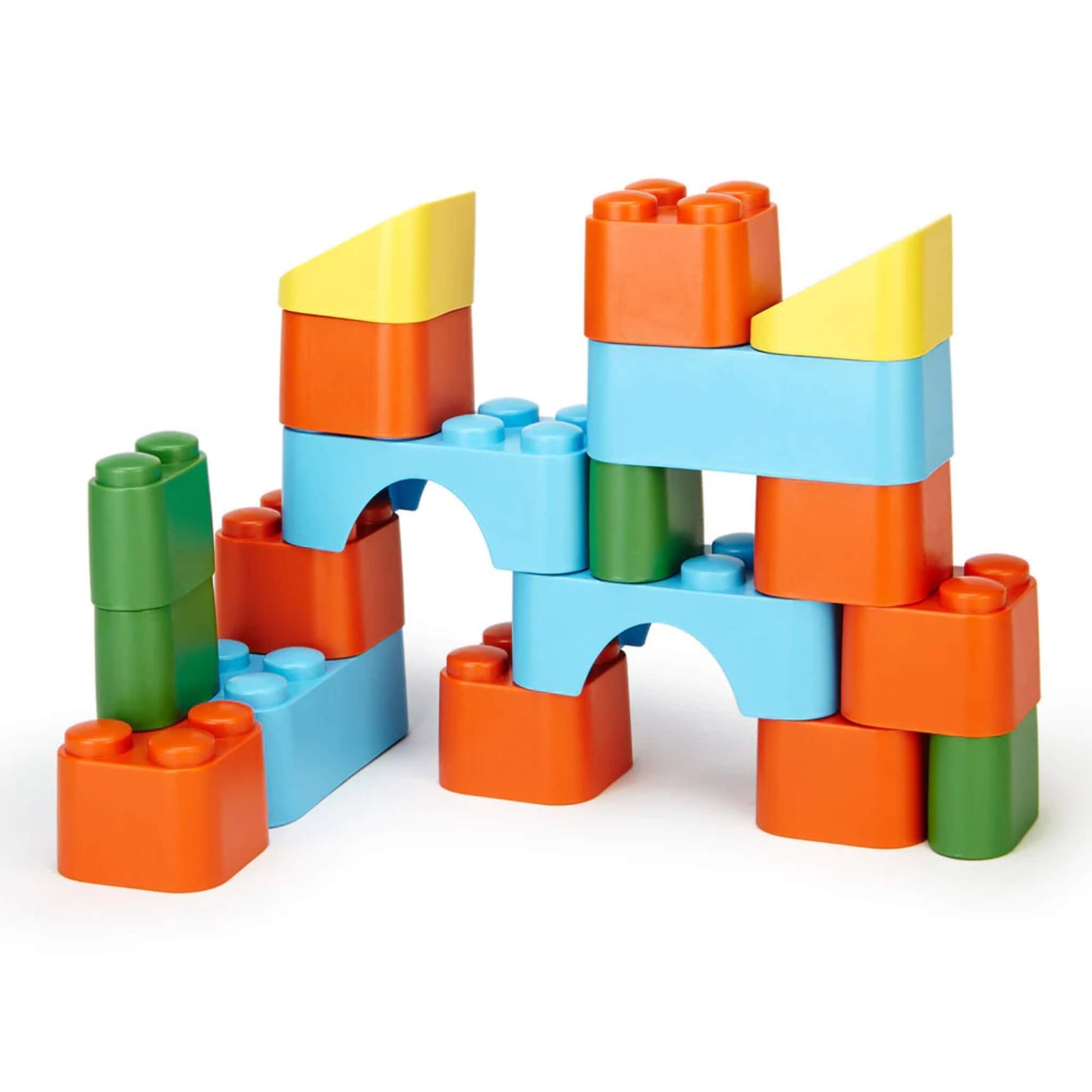 Colourful interlocking building blocks arranged into a playful structure using orange, blue, green, and yellow pieces.
