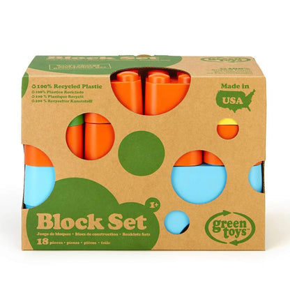 Green Toys Block Set in original packaging with 18 colourful building pieces made from 100% recycled plastic, suitable for children aged 1 and up.