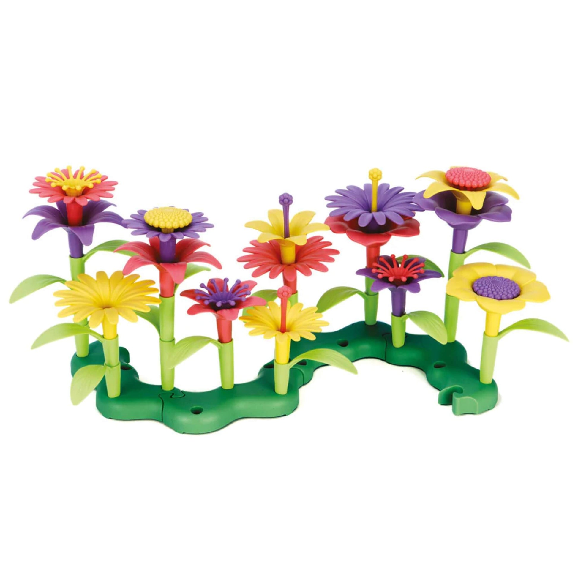 Green Toys Build-a-Bouquet flower building set fully assembled, with colourful flowers including daisies, petunias and lilies on a green base.