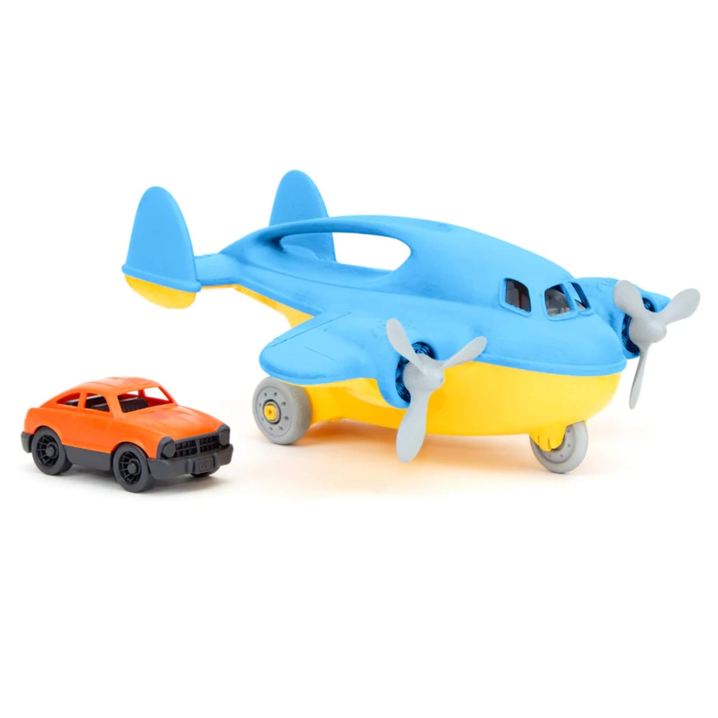 Green Toys Cargo Plane in blue and yellow with a matching orange mini car, shown against a white background.