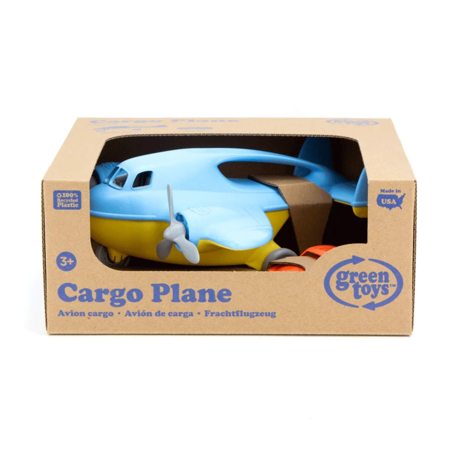 Green Toys Cargo Plane shown in its retail packaging with the mini car partially visible in the box.
