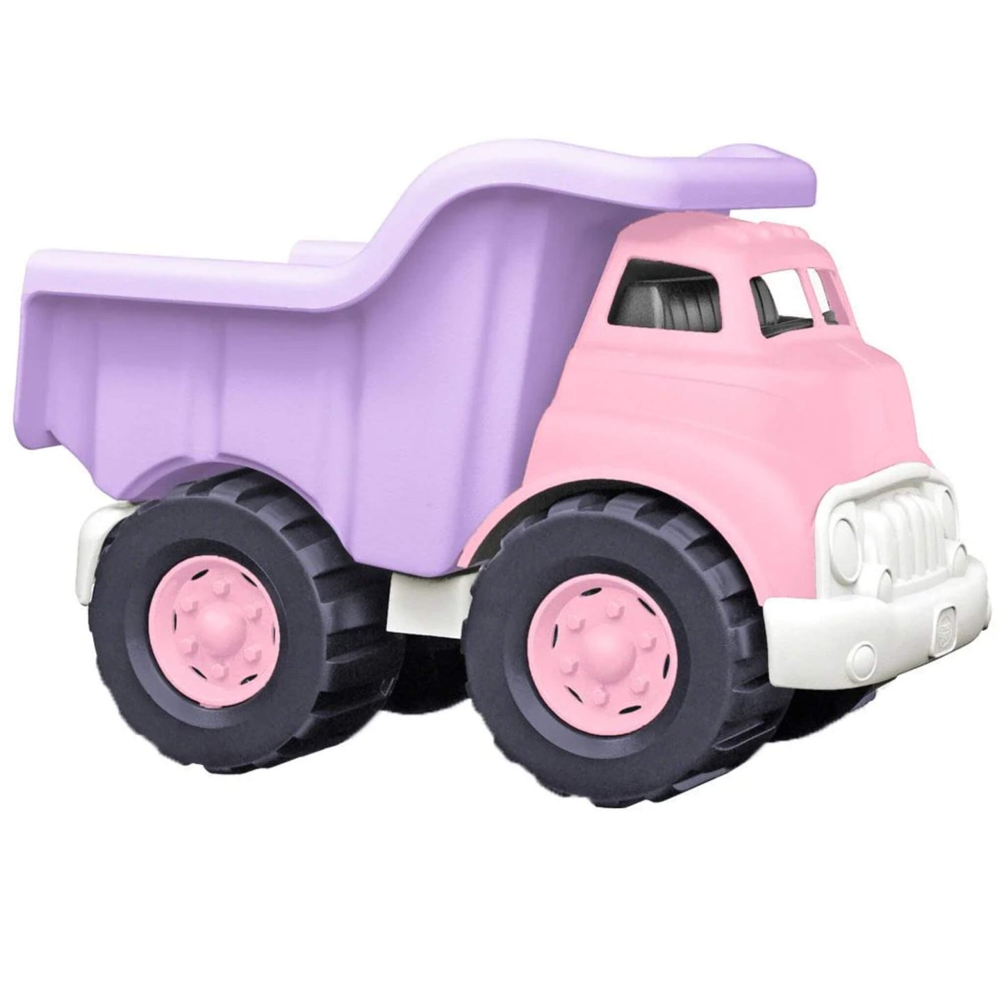 Green Toys Dump Truck in a pastel pink and purple colourway with black wheels and a white bumper, shown on a white background with the dumper bed lowered.