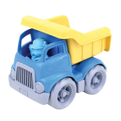 Green Toys Dumper Truck shown in blue, yellow and grey with a bulldog driver figure inside, made from 100% recycled plastic and designed for imaginative play.