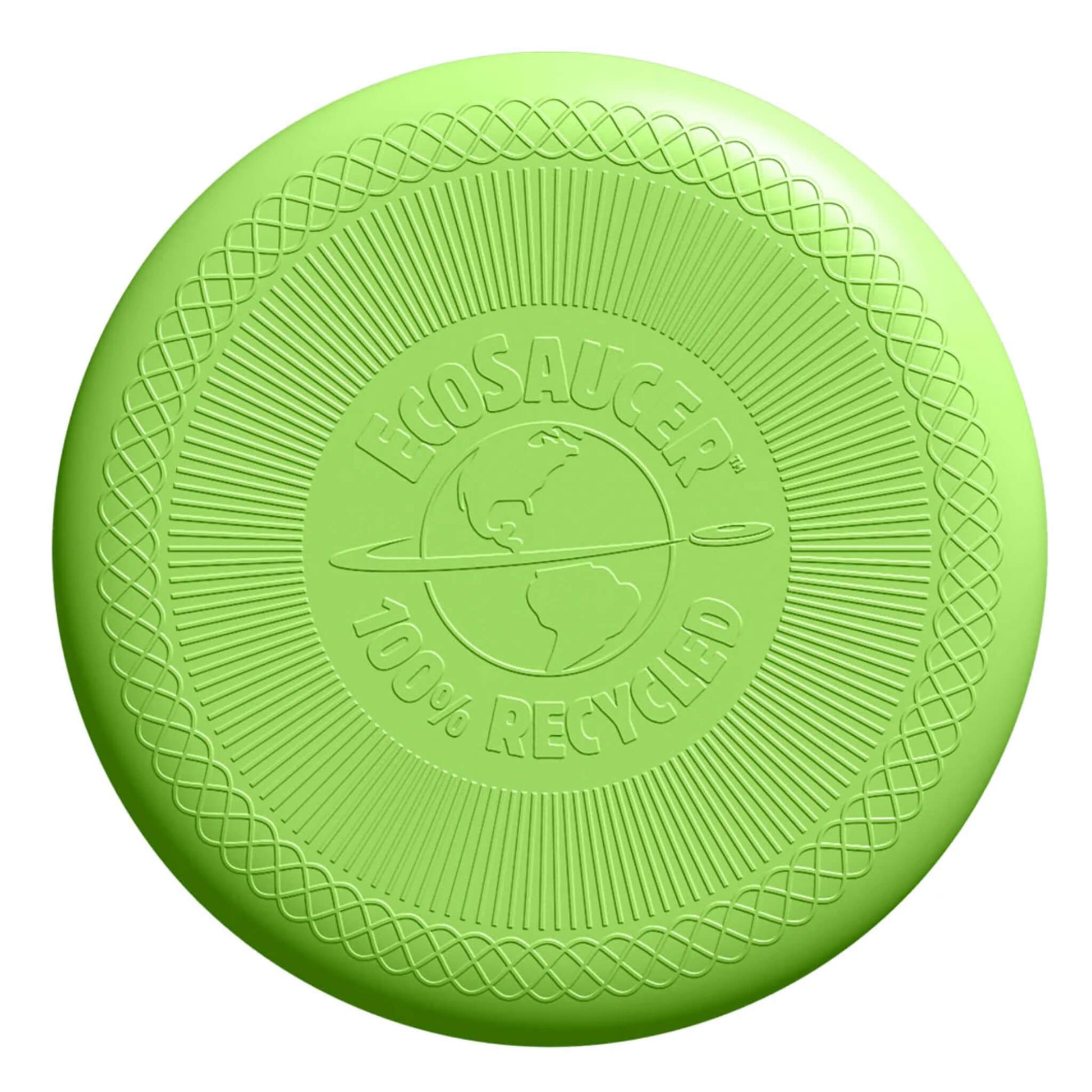 Green Toys Eco Saucer Flying Disc in lime green with embossed globe and “100% Recycled” detailing, shown flat against a white background.