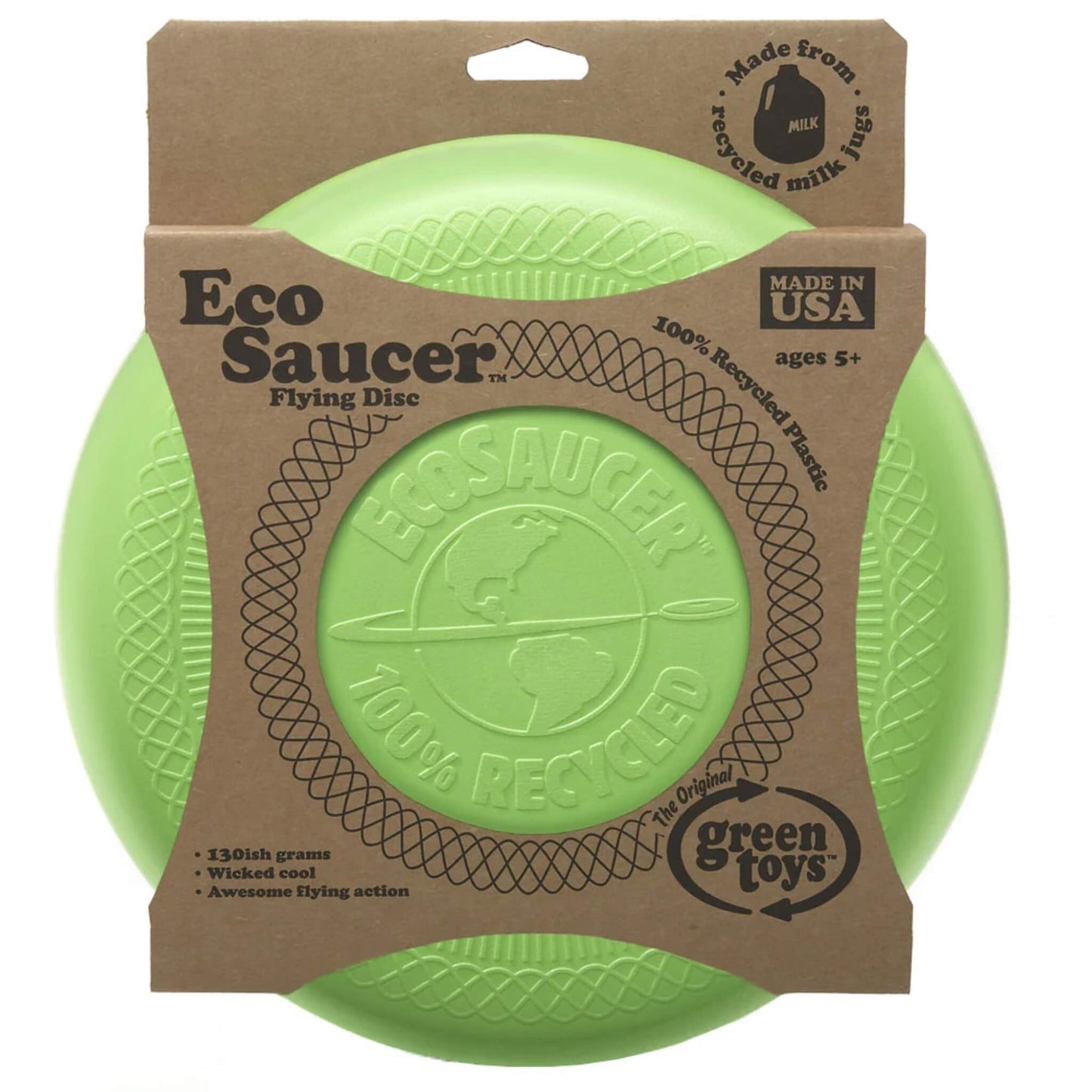 Lime green flying disc in its cardboard packaging, showing Eco Saucer branding, age suitability of 5+, and “Made from recycled milk jugs” messaging.
