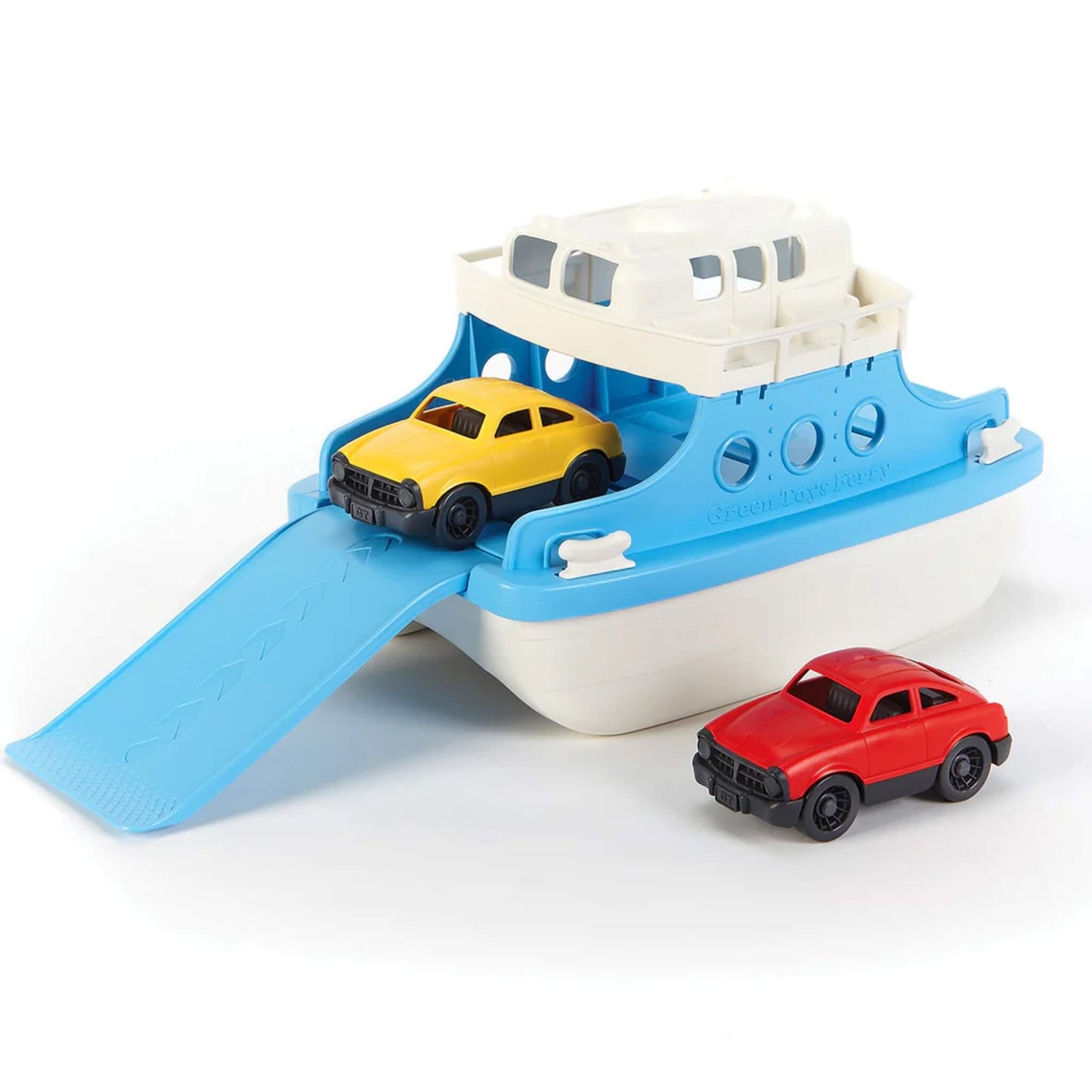 Green Toys Ferry Boat with working ramp extended, shown with a yellow and red mini car ready to load and unload for imaginative water play.