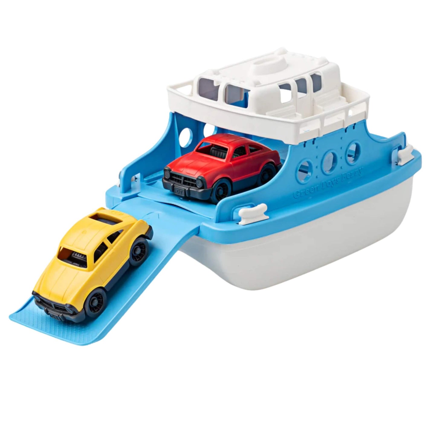 Side view of the Ferry Boat with the ramp down, as the yellow car drives off and the red car stays parked on board.