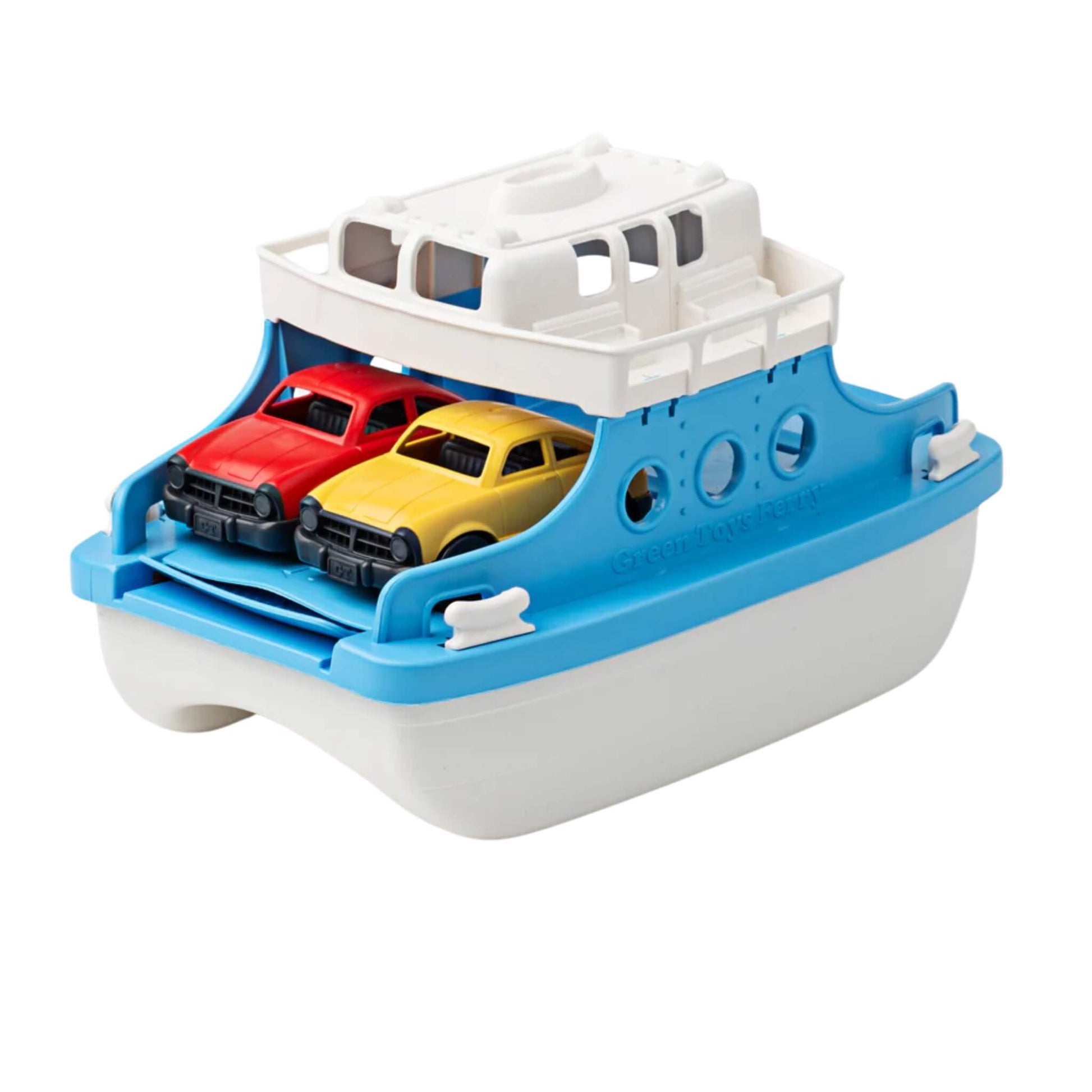 Back view of the Ferry Boat with both mini cars on board, showing the ferry’s double-deck structure and open rear ramp.