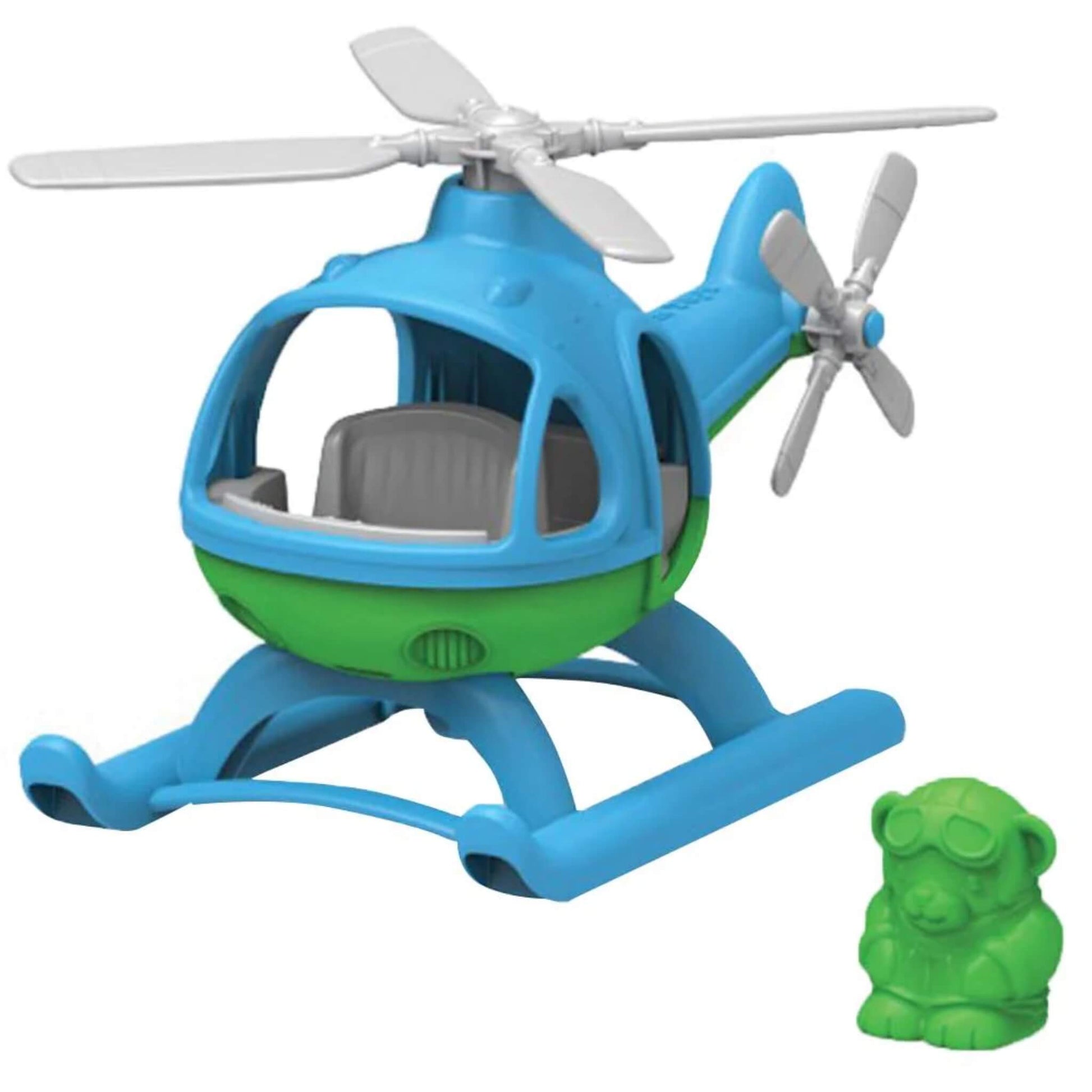Green Toys Helicopter in blue and green with spinning rotors and a removable green bear pilot figure, shown on its own from a front side angle.