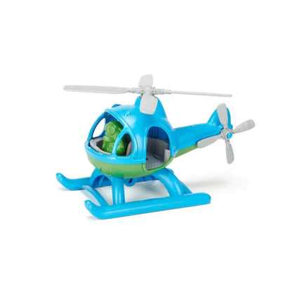 Blue and green toy helicopter shown with the bear pilot seated inside the cockpit and the door open, highlighting interior detail.
