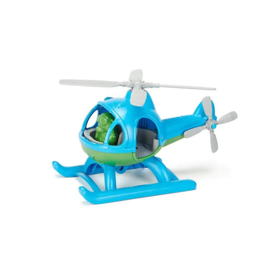 Blue and green toy helicopter shown with the bear pilot seated inside the cockpit and the door open, highlighting interior detail.