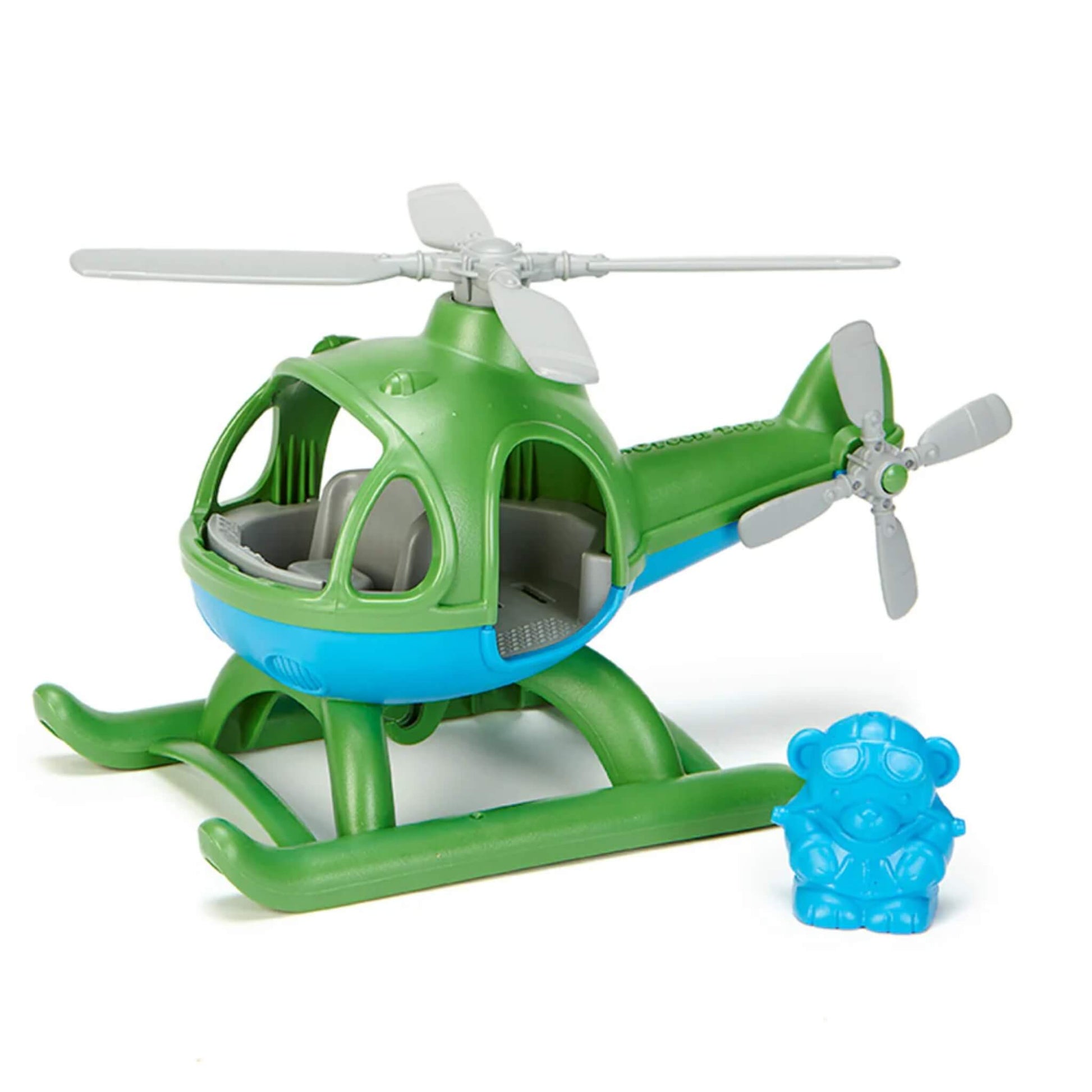Green and blue toy helicopter shown with the blue bear pilot placed separately in front, highlighting the removable figure.