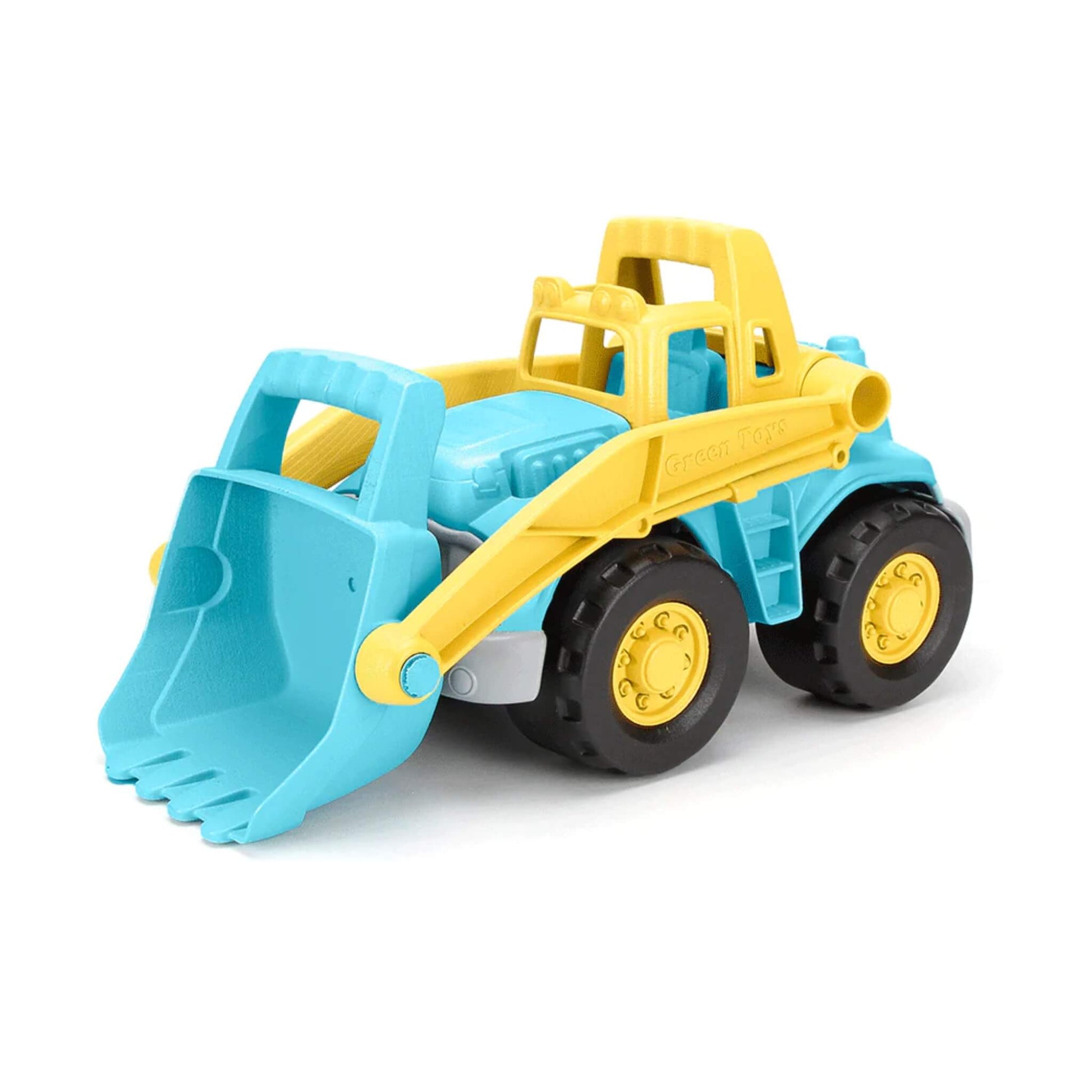 Green Toys Loader Truck with movable front loader and chunky wheels, shown at a front angle with raised cab and sturdy detailing.