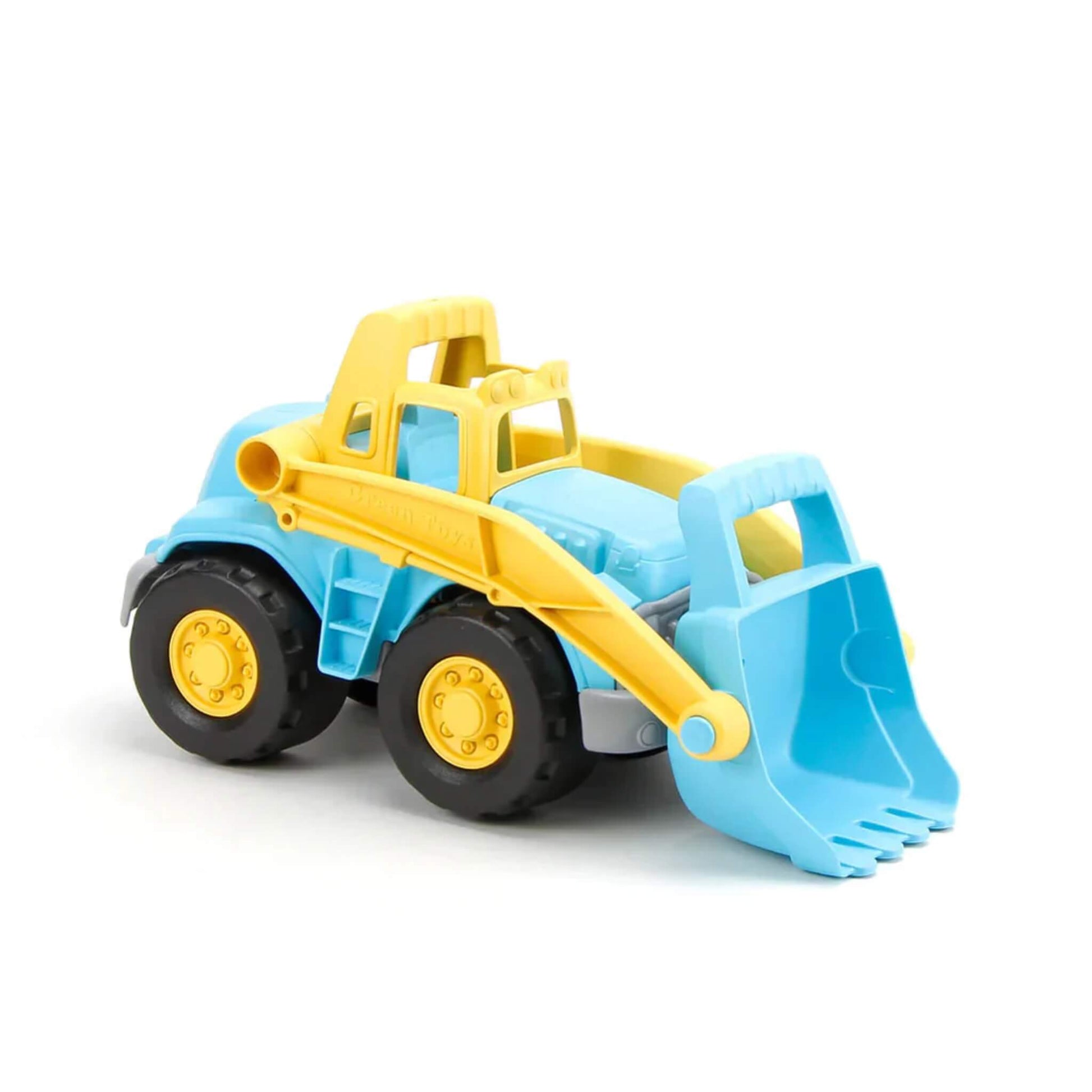 Toy loader truck shown from the opposite side, displaying the full lift-arm mechanism and deep scoop bucket.