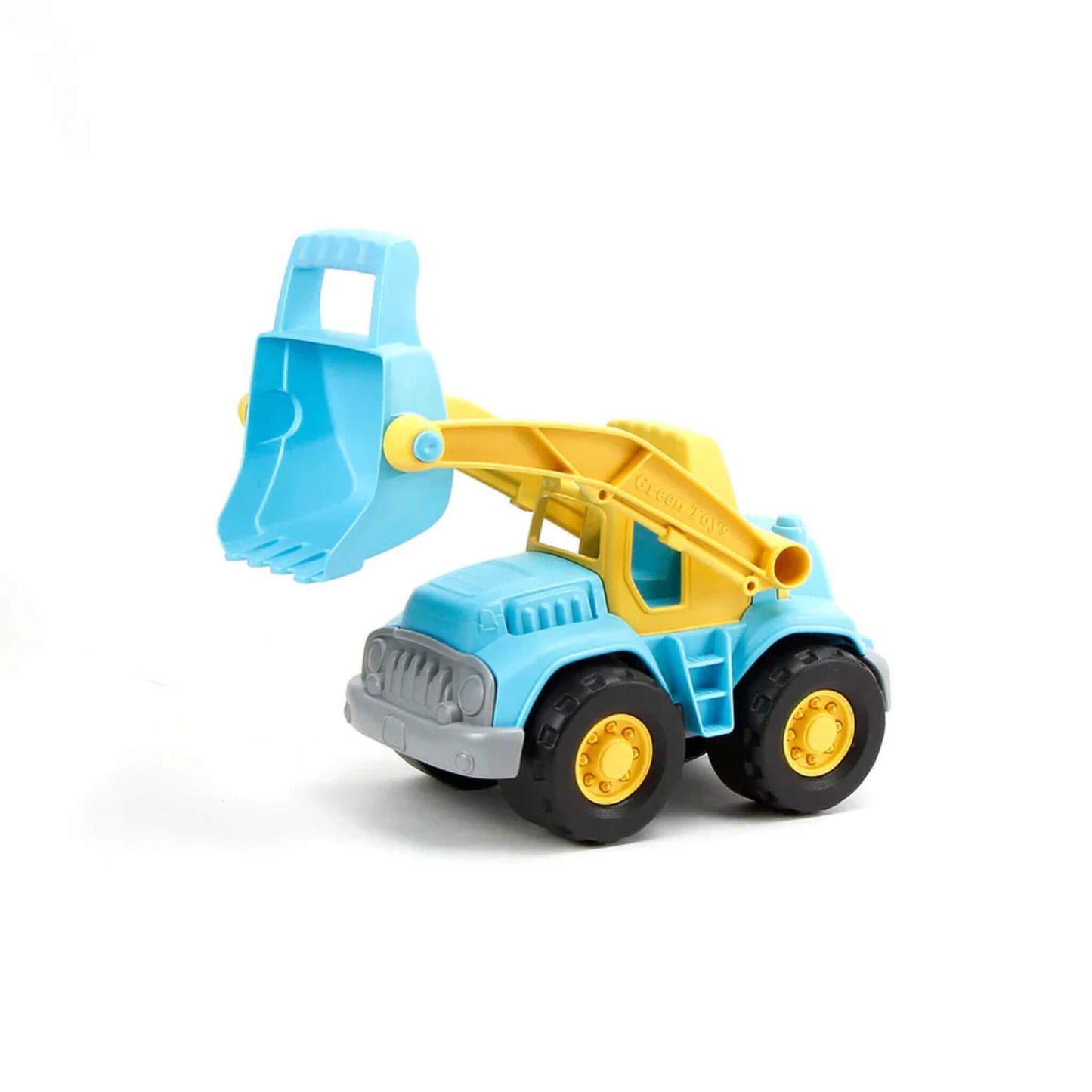 Front view of the loader truck with bucket raised, showing lifting range and front grille detailing.