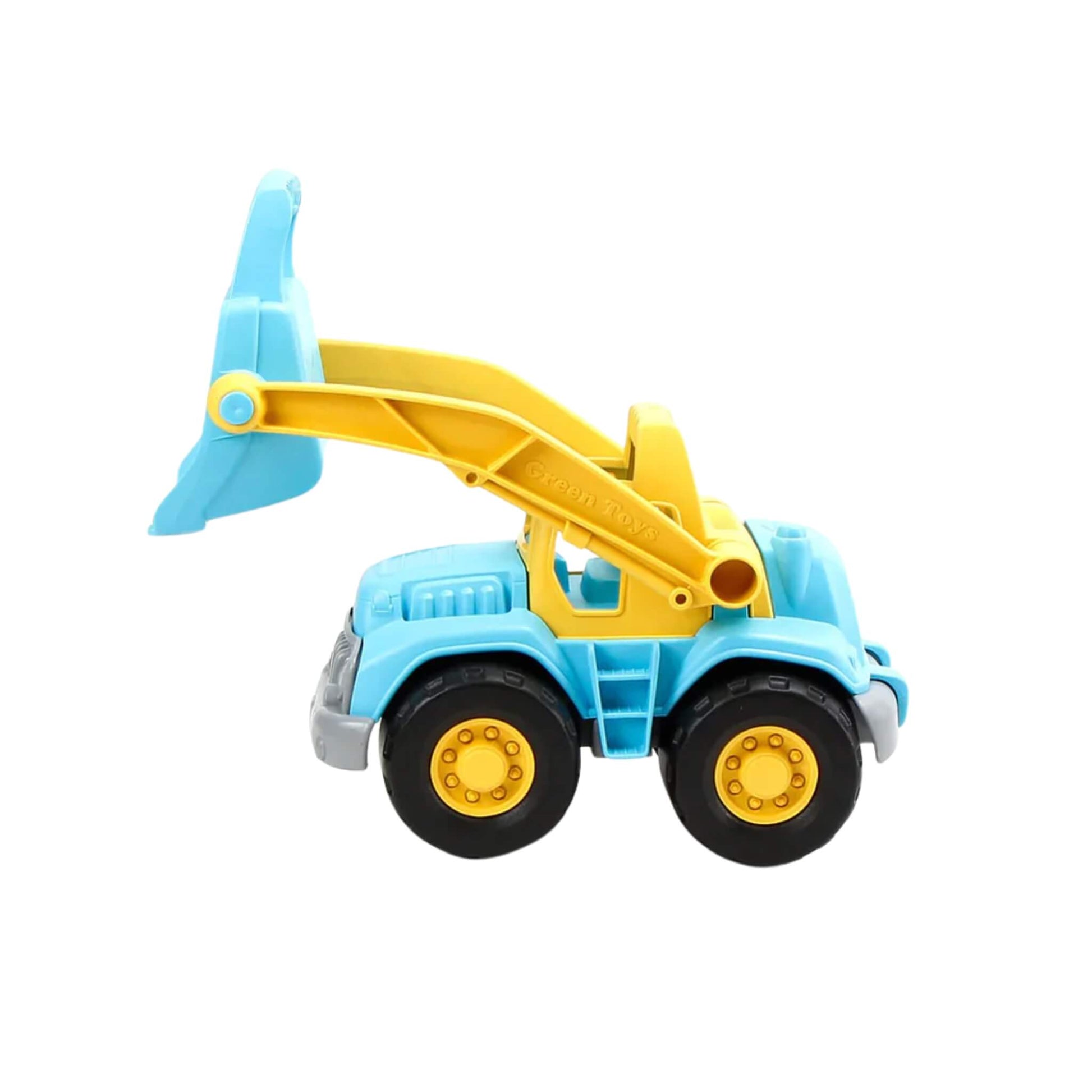 Side view of the loader truck with bucket fully lifted, highlighting the articulated loading arm and tyre treads.