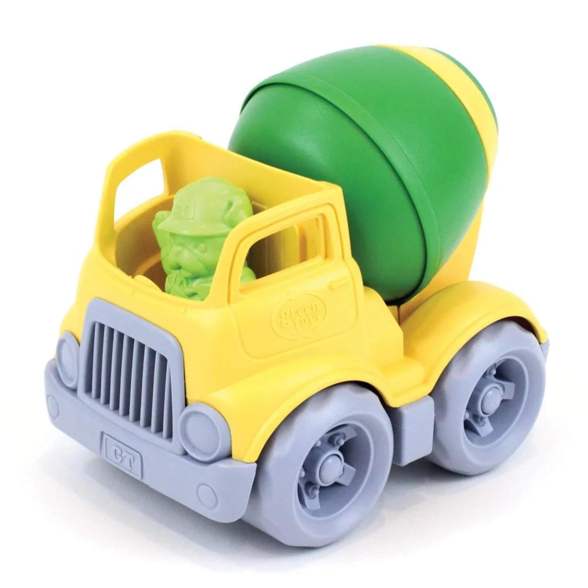 Green Toys Mixer truck with grey wheels, yellow cab and green mixing drum, shown with removable driver figure seated in the cab.