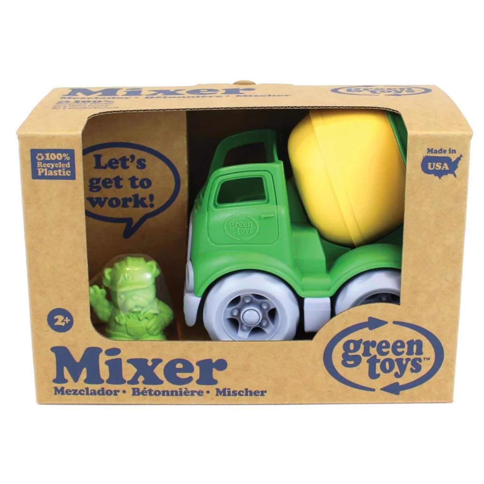  Cement mixer toy shown inside recyclable cardboard packaging with the removable driver figure visible in the side window.