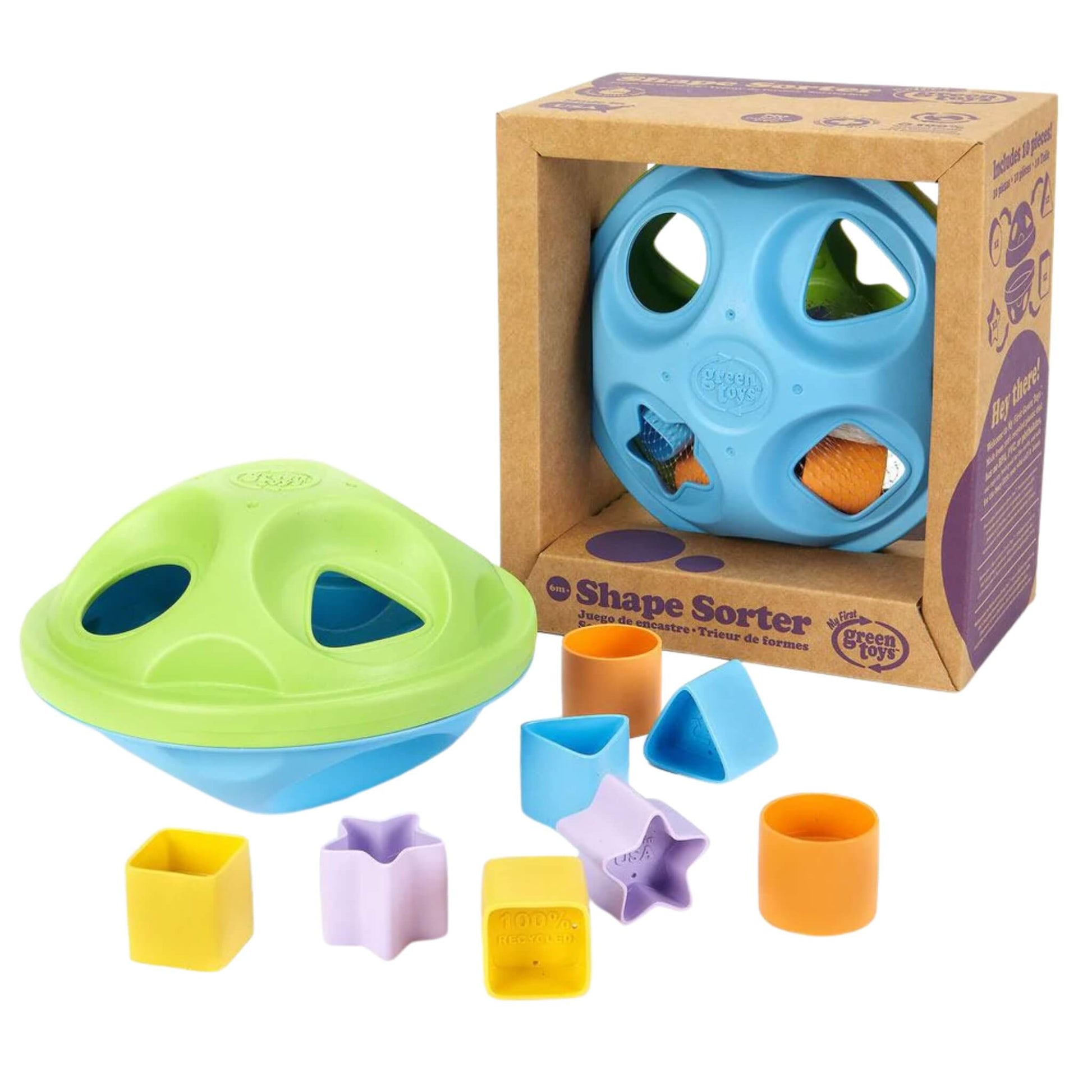 Shape sorter toy displayed with packaging and full set of colourful shapes, including squares, circles, triangles and stars.