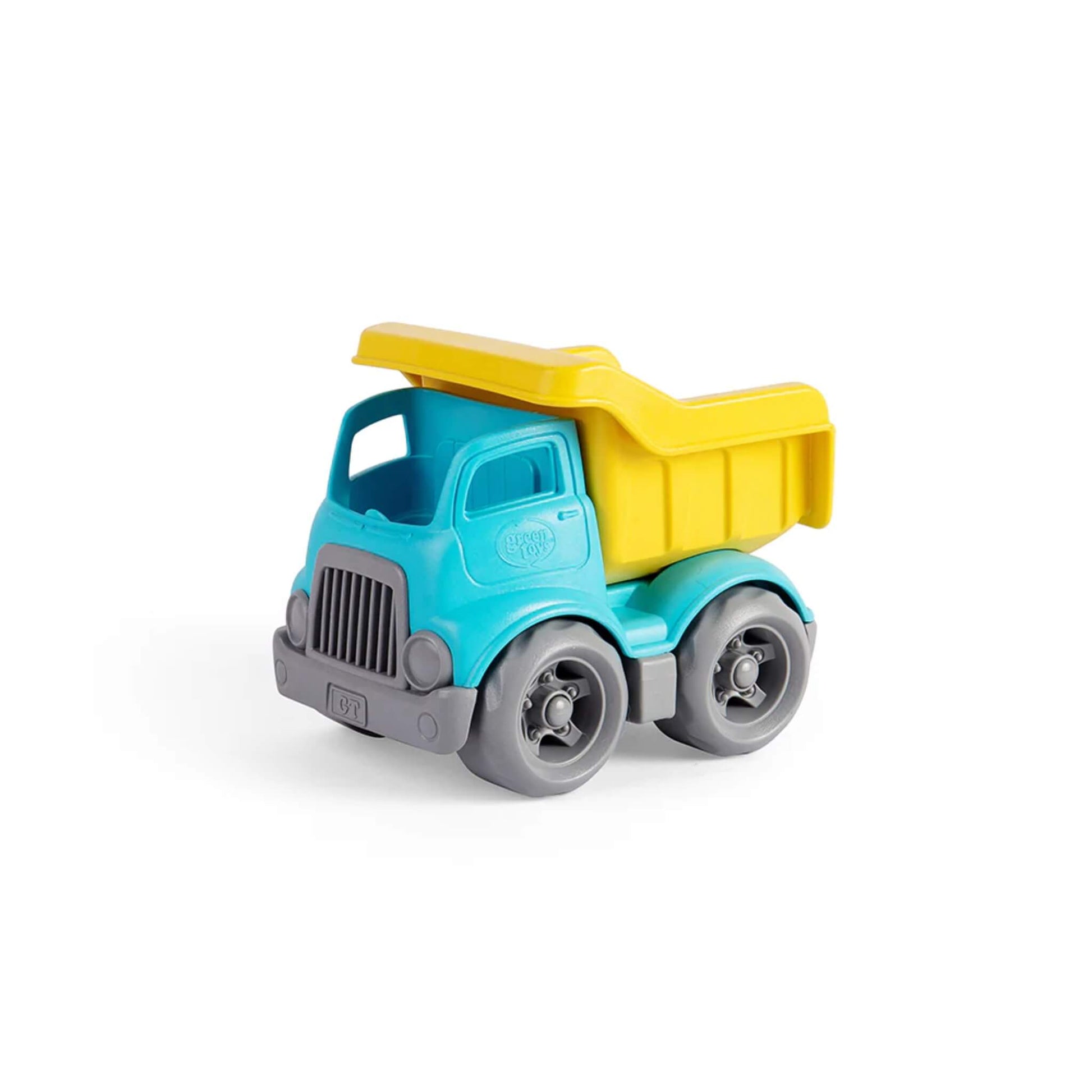 Green Toys OceanBound Dumper shown at a three-quarter angle with its yellow dumper bed upright and ready to tip.