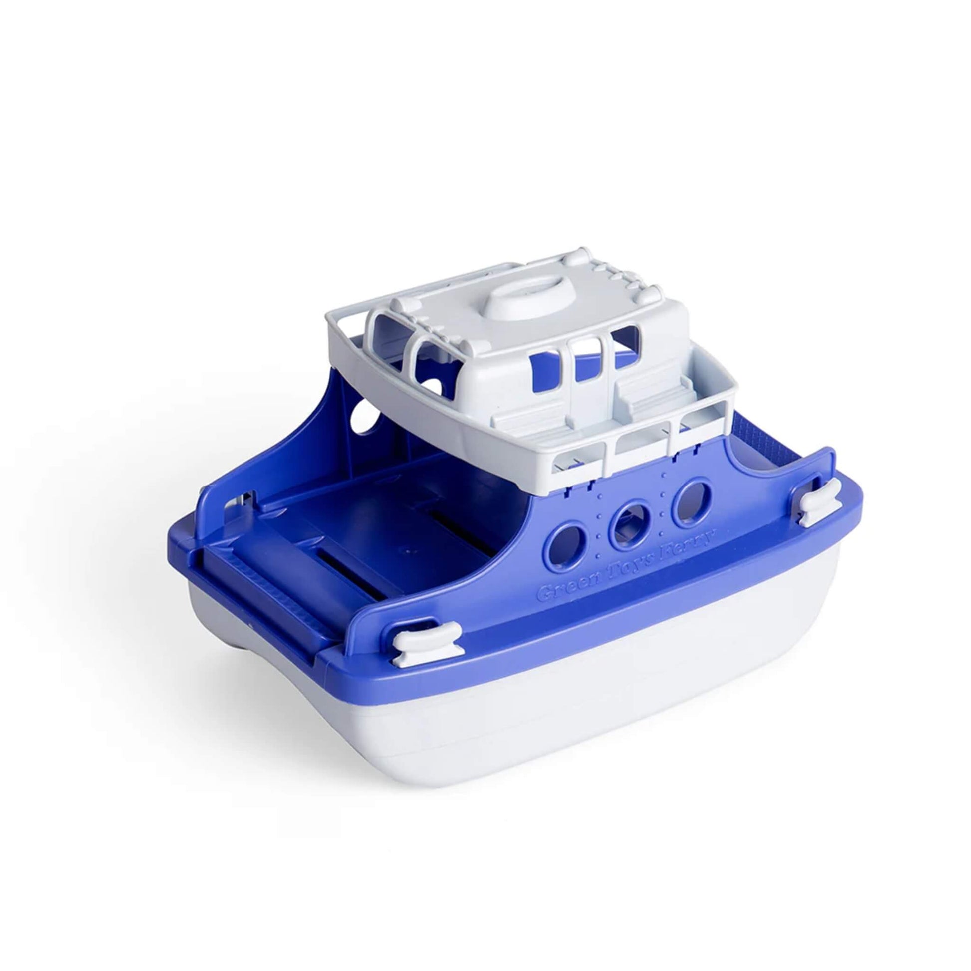 Green Toys OceanBound Ferry Boat shown from the front-left with upper deck detail and closed loading ramp, featuring a blue and white eco-friendly plastic design made from OceanBound materials.