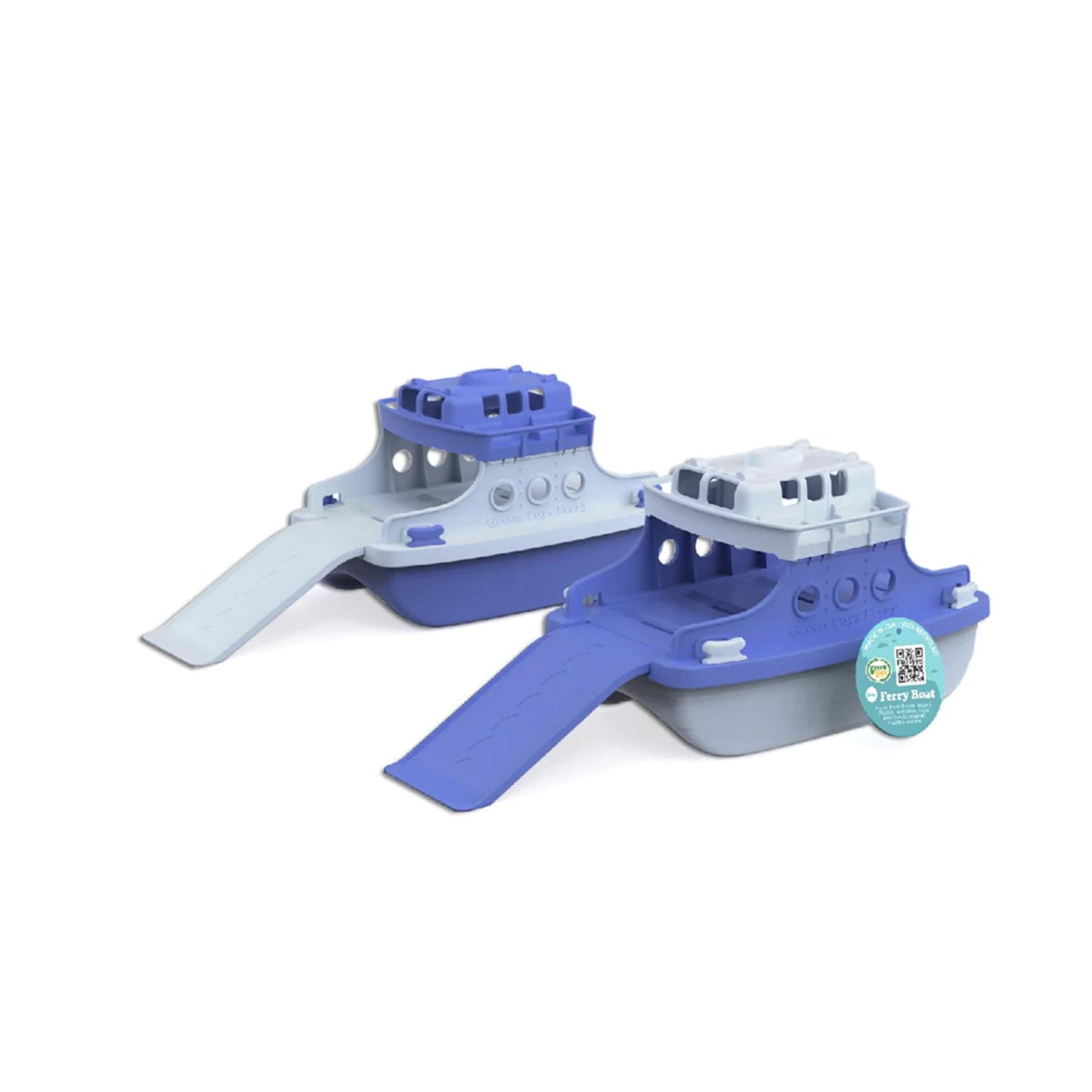 Two toy ferry boats side by side, both with ramps down to show colour variation and features.