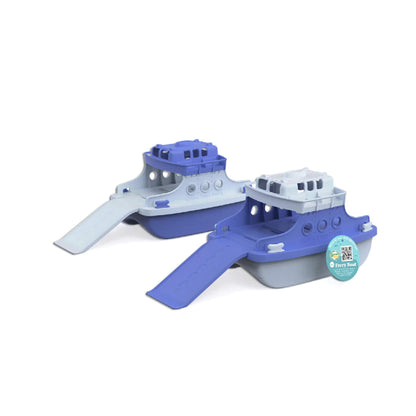 Two toy ferry boats side by side, both with ramps down to show colour variation and features.