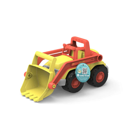Green Toys OceanBound Loader Truck in red and yellow with black wheels. The front bucket is lowered, and a round swing tag is attached to the side.