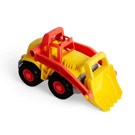Back three-quarter view of the Green Toys OceanBound Loader Truck showing the curved carry handle, chunky tyres and raised side rails.