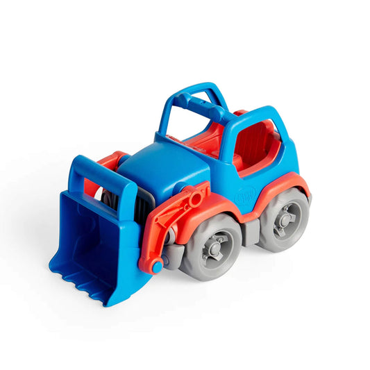 Green Toys OceanBound Scooper in bright red and blue, showing the front loader raised and ready for action on chunky grey wheels.
