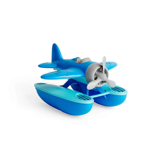 Green Toys OceanBound Seaplane in two-tone blue with grey spinning propeller and chunky pontoons, shown angled slightly to the right.