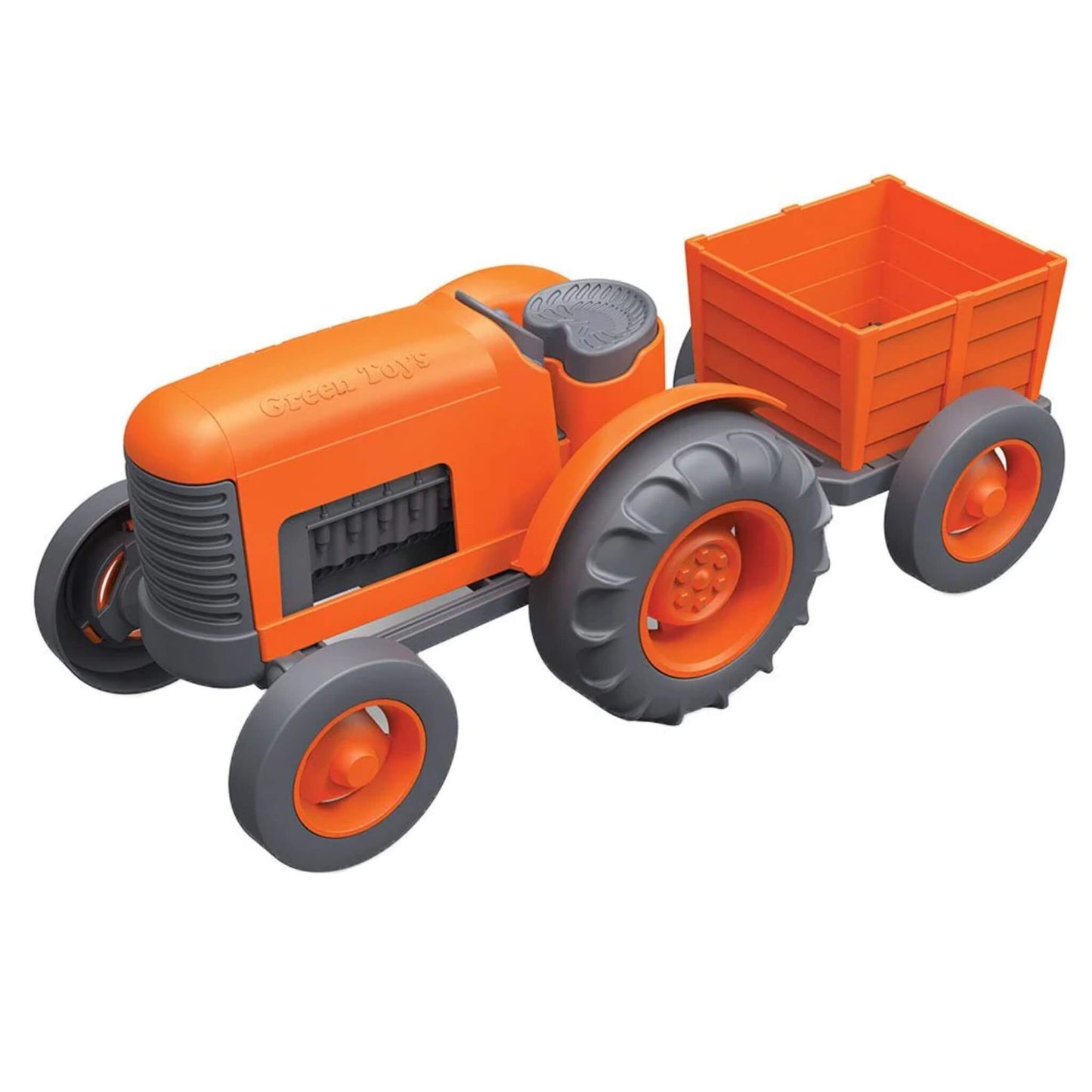 Green Toys Orange Tractor with detachable rear trailer, featuring chunky wheels and realistic detailing for imaginative play.