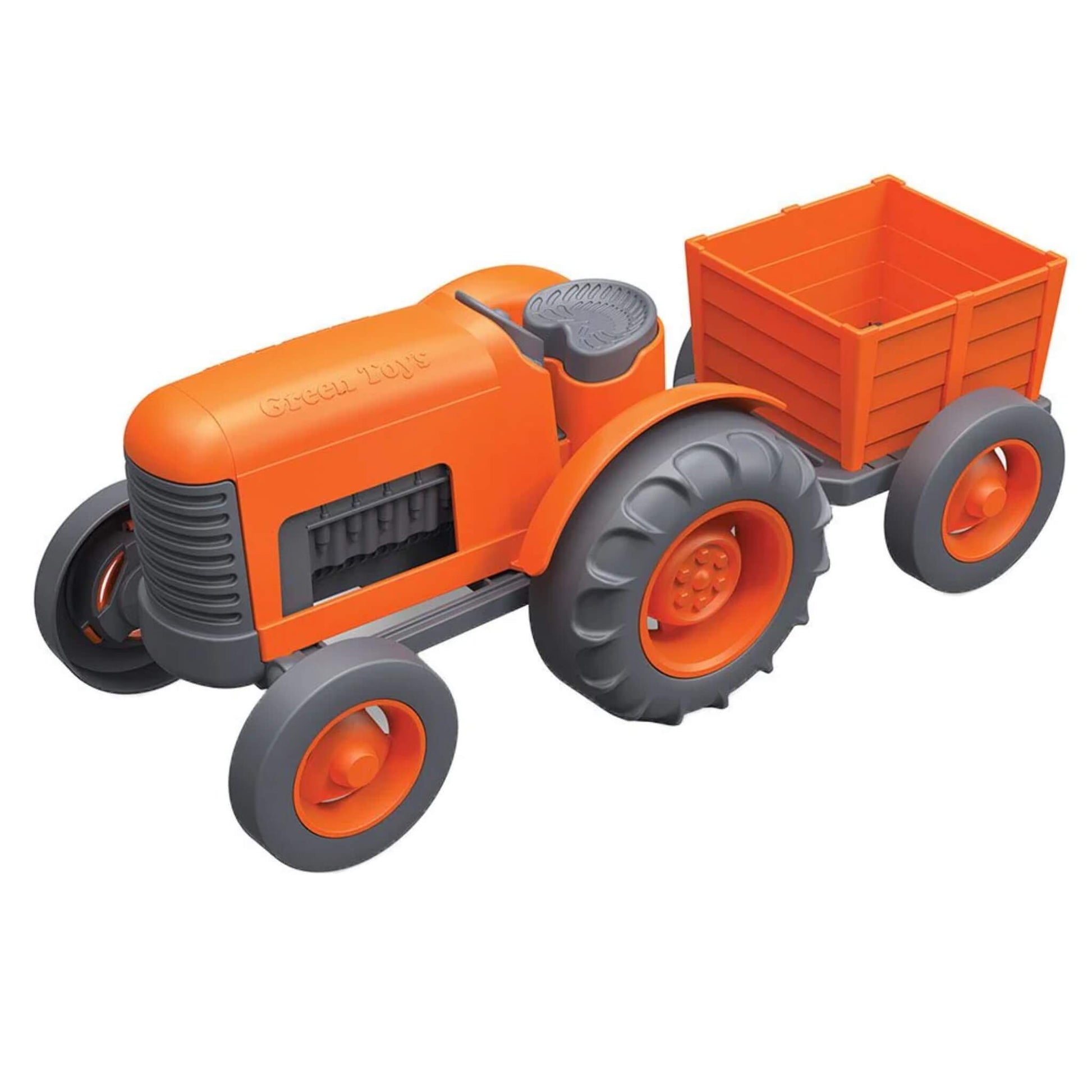 Green Toys Orange Tractor with detachable rear trailer, featuring chunky wheels and realistic detailing for imaginative play.