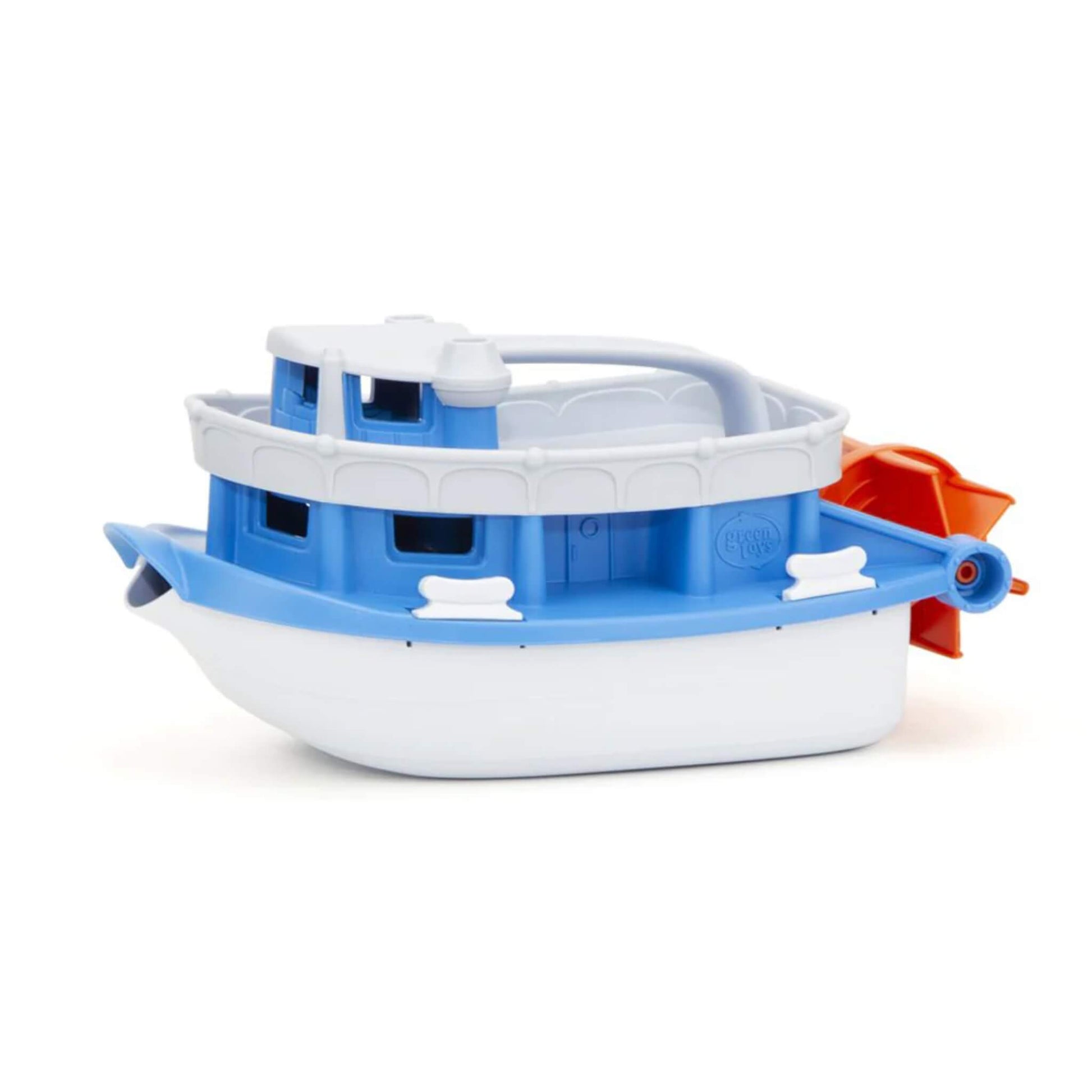Green Toys Paddle Boat in blue and white with bright orange paddle wheel, shown in side profile.