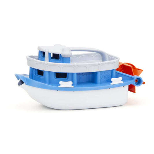 Green Toys Paddle Boat in blue and white with bright orange paddle wheel, shown in side profile.