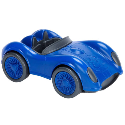 Blue Green Toys Racing Car with black wheels and open-top design, shown in close-up on a white background.