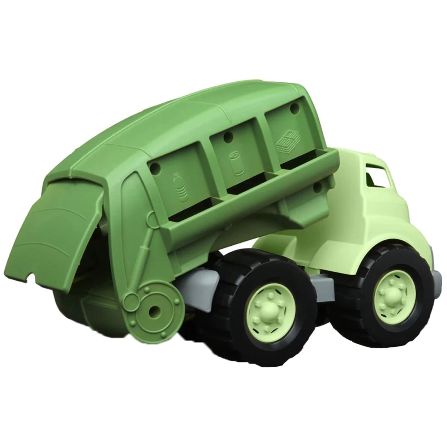 Side view of the Green Toys Recycling Truck with the rear bed raised and back door open, demonstrating the tipping and unloading function.