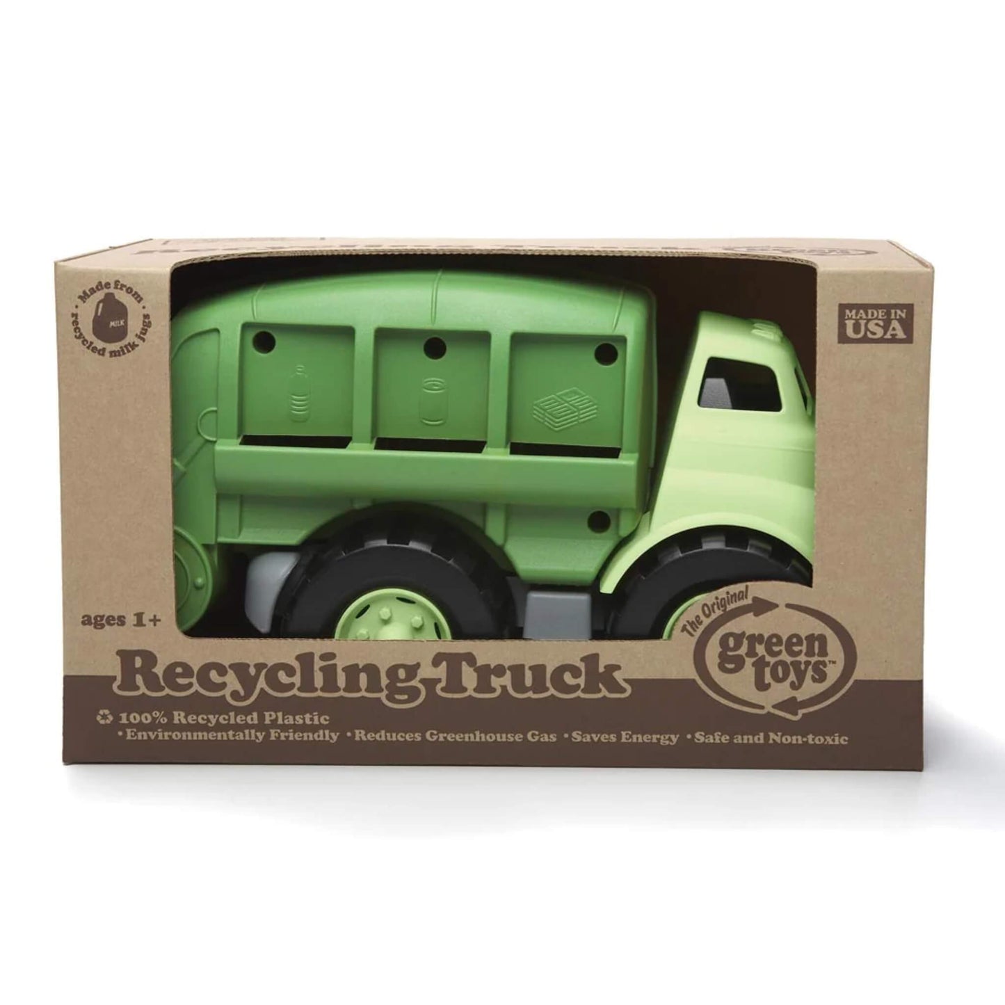 Packaged Green Toys Recycling Truck in a recyclable cardboard box, with eco-friendly product claims and the truck clearly visible through the window.
