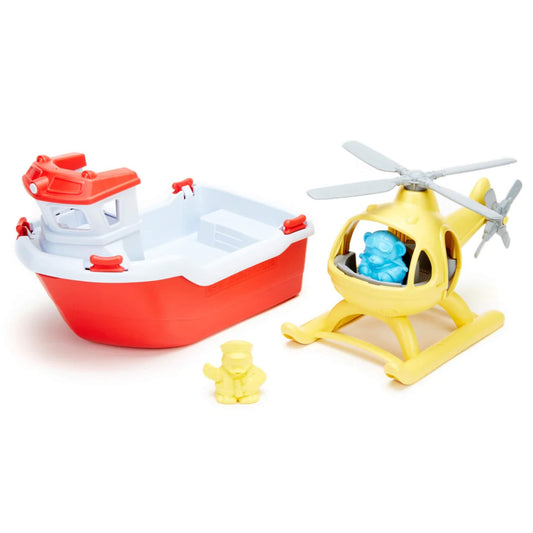 Green Toys Rescue Boat & Helicopter toy set shown on white background, featuring a red and white floating boat, yellow helicopter with grey blades, and two character figures—Captain Duck and Pilot Bear.