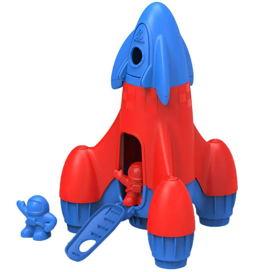 Green Toys Rocket with blue top shown upright with one astronaut standing beside and one inside, ready for takeoff.