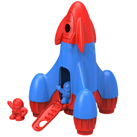 Green Toys Rocket with red top and blue base pictured with two astronaut figures. One astronaut is inside the main rocket cabin with the back hatch lowered.