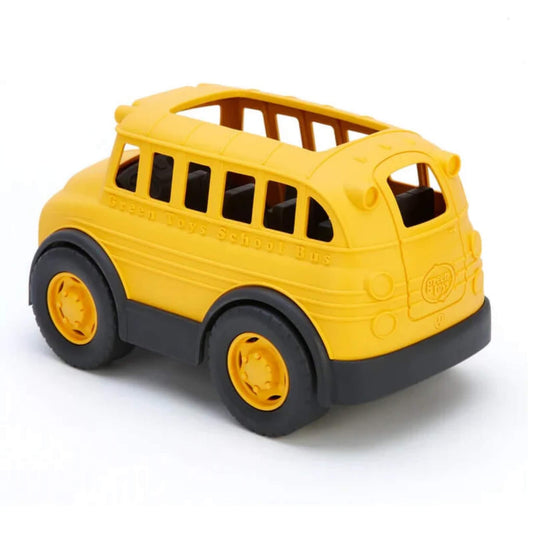 Rear view of the toy school bus showing the back window, embossed Green Toys logo, and curved body design.