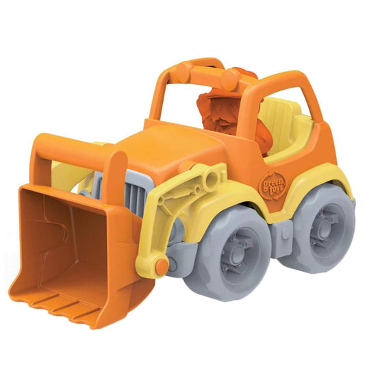 Green Toys Scooper Truck in orange and yellow with grey wheels, featuring a chunky front loader and bulldog construction worker figure in the cab.