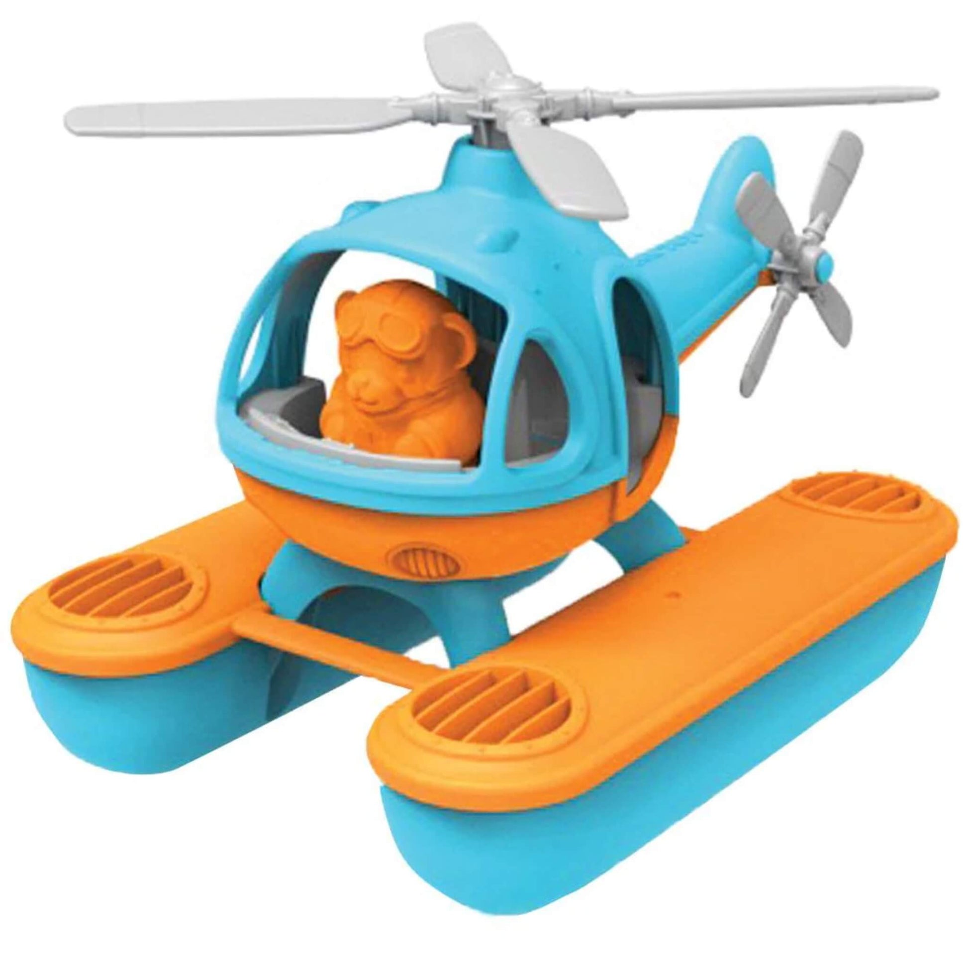 Green Toys Seacopter in blue and orange with spinning rotors, twin pontoons, and an orange bear pilot figure seated in the cockpit.
