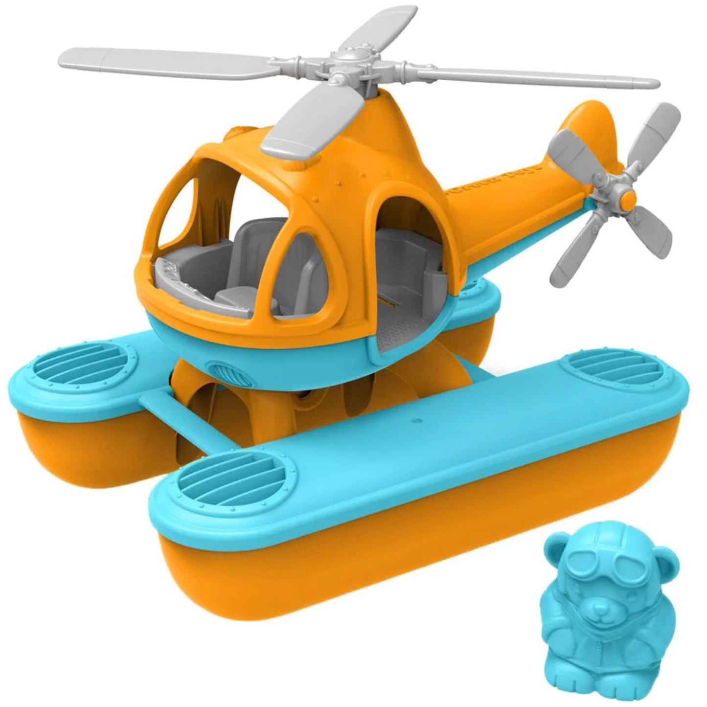 Green Toys Seacopter in orange and blue with grey rotors and pontoons, shown with matching blue bear pilot figure beside the cockpit.
