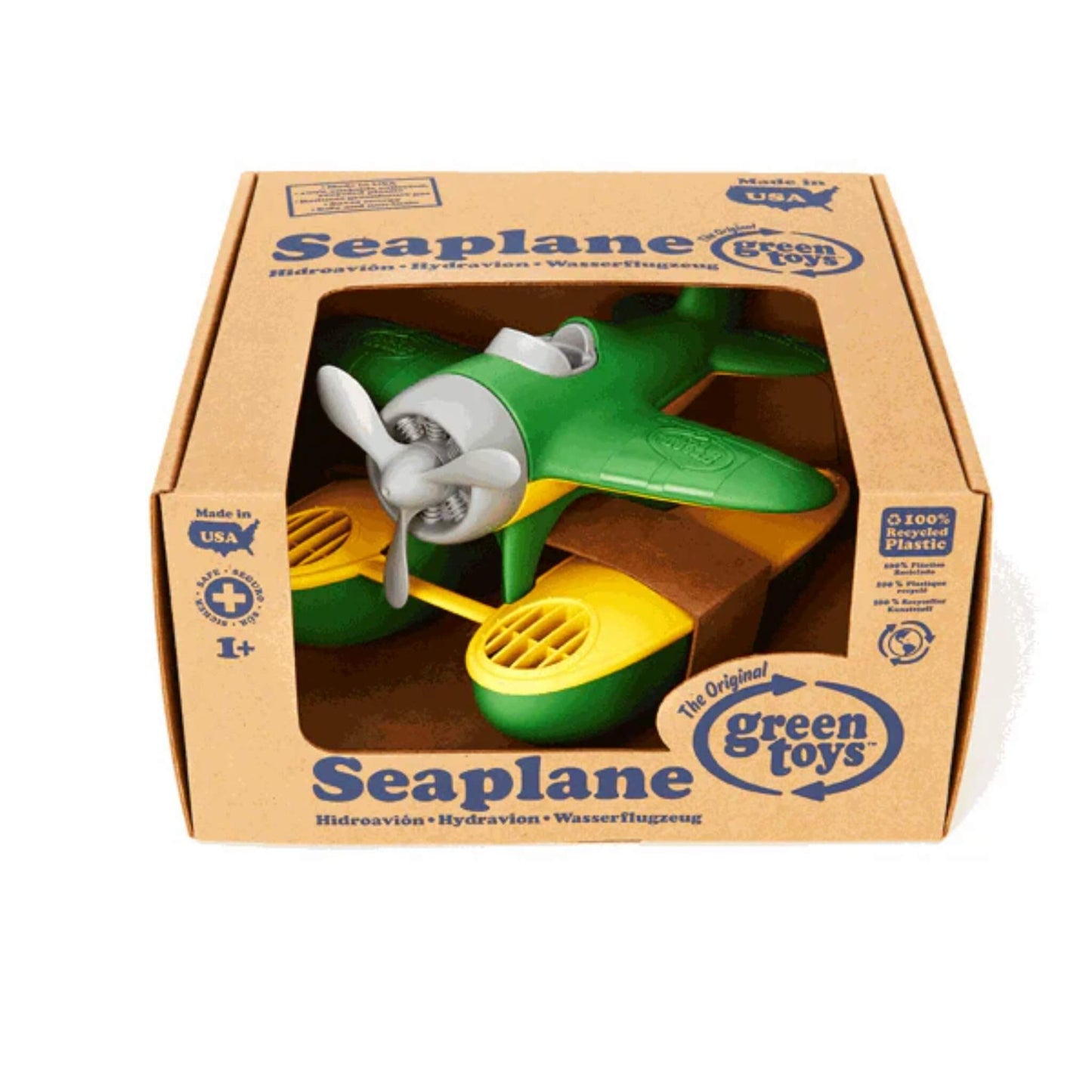 Green Toys Seaplane inside branded packaging, clearly displaying the product name, age suitability and sustainability details.