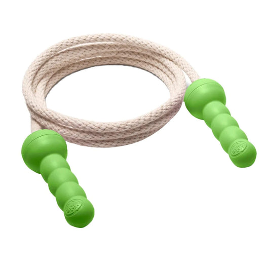 Green Toys Skipping Rope with green recycled plastic handles and a thick cream cotton rope coiled neatly.