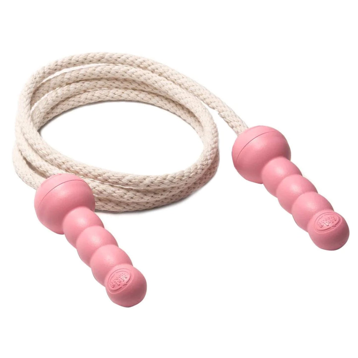 Green Toys Skipping Rope with pink recycled plastic handles and a thick cream cotton rope coiled neatly.