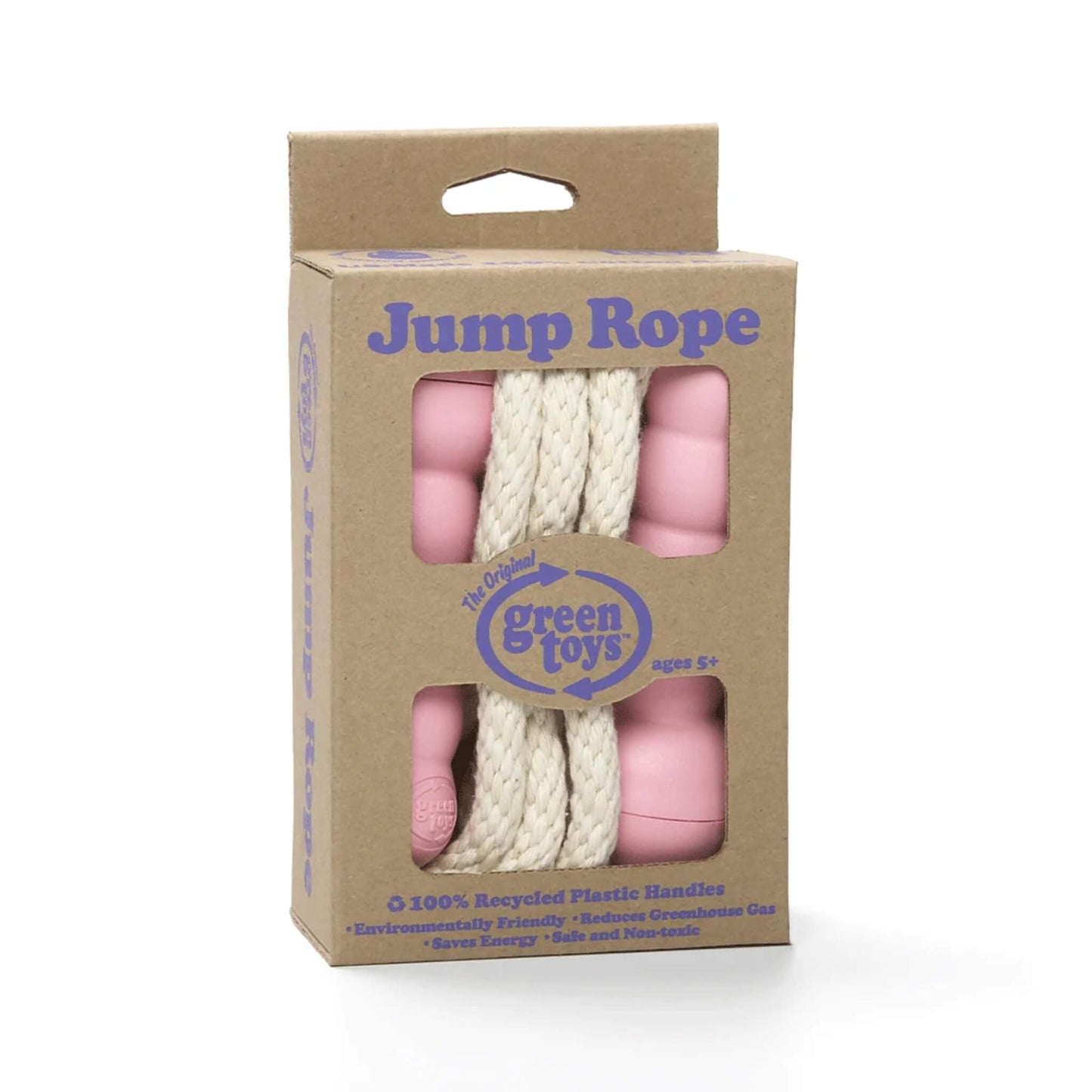 Product in retail packaging showing the pink Green Toys Skipping Rope through cut-out windows in a recycled cardboard box, with eco-friendly features listed on the front.