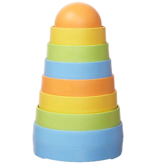 Green Toys Stacker shown fully assembled in a rainbow cone shape, featuring eight colourful stacking pieces made from 100% recycled plastic.